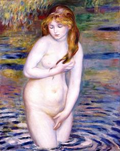 a painting of a naked woman standing in the water with her hands on her hips