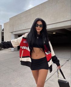 Racing Outfit Ideas, Racer Jacket Skirt Outfit, Oversized Racer Jacket Outfit, Nascar Theme Outfit, Nascar Jacket Outfit For Women, Racecar Outfits, Car Race Outfit, Racecar Jacket Outfit, Nascar Race Day Outfits Women