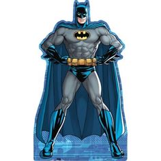 the batman cardboard cutout is standing in front of a white background with blue accents