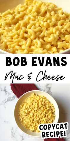 two pictures with different types of macaroni and cheese in them, one has the words bob evans mac and cheese on it