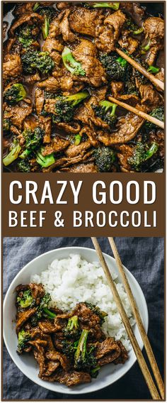 the cover of crazy good beef and broccoli with chopsticks in it