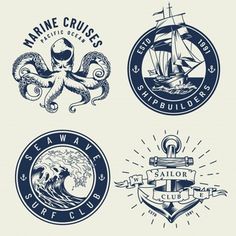 four different logos with an octopus and ship in the middle one is for marine cruises