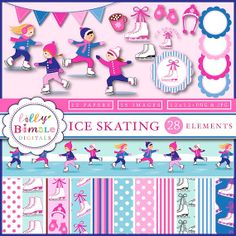 an ice skating party with pink and blue paper dolls, buntings and decorations