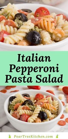 pasta salad with tomatoes, olives and peppers in a white bowl on a table