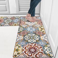 PRICES MAY VARY. Kitchen Rugs Mats Set with Runner 2 Pieces: The vintage farmhouse anti fatigue kitchen floor mats set measure 17"x48"+17"x28". The perfect size makes it suitable for most kitchen areas. Multicolor seamless tiles patchwork floral patterns design bring beautiful colors to your kitchen,and more joy and comfort to your cooking time. Anti-Fatigue Mats for Kitchen Floor: Rebound comfort standing mat. 0.4 inch thickness rebound foaming pvc materials provide cushioned support for your f Laundry Stand, Distressed Kitchen, Standing Mat, Anti Fatigue Kitchen Mats, Kitchen Rugs And Mats, Rug Runner Kitchen, Kitchen Carpet, Floral Pattern Design, Rugs And Mats