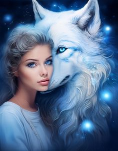 a woman with blue eyes is hugging a white wolf's head in the night