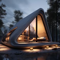 an unusual house in the woods at night