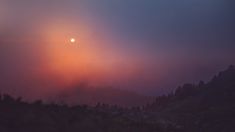 the sun is setting on a foggy day in the mountains above some pine trees