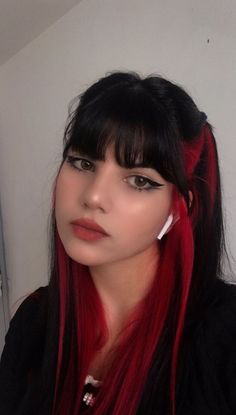 Red Hair With Black Money Piece, Peek A Boo Red Hair, Black N Red Hair, Hair Dye Ideas Underneath, Red Bangs Black Hair, Black Hair With Red Underneath, Red Underdye Hair, Red Hair Underneath, Red Hair Streaks