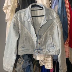 Light Wash Denim Cropped Jacket With Rhinestone Detail Never Worn Rhinestone Jacket, Denim Cropped Jacket, Cropped Jacket, Cropped Denim, Light Wash Denim, Crop Jacket, Jean Coat, Jean Jacket, Color Blue