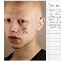 a man with writing on his face next to an image of someone's nose