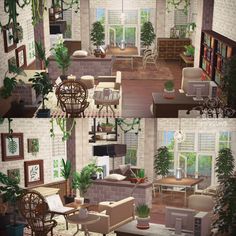 two pictures of a living room with furniture and plants on the windowsills in it