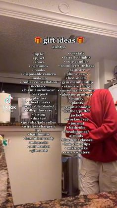 a man standing in front of a refrigerator with the words gift ideas written on it