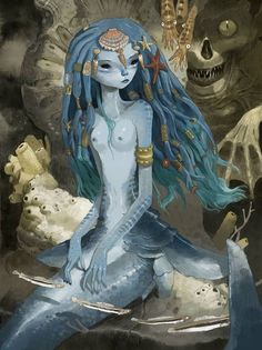 a blue mermaid sitting on top of a rock next to a skull and sea creature