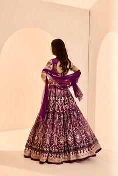 Purple Hand Embroidered Net Blouse with Velvet Lehenga and Hand Embroidered Nwt Dupatta Bridal Crop Top, Kaftan Kurta, Cape Lehenga, Purple Lehenga, Kurta Lehenga, Velvet Lehenga, Net Blouse, Lehenga Pattern, Net Embroidery