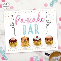 a card with three cakes on it and the words pancake bar next to it