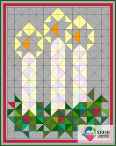 the finished quilt pattern is shown in green, white and yellow colors with an arrow on it