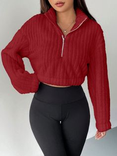 Half Zip Drop Shoulder Crop Fleece Sweatshirt Red Casual  Long Sleeve Knitted Fabric Plain Half Placket Non-Stretch  Women Clothing, size features are:Bust: ,Length: ,Sleeve Length: Loose Fabric, Cropped Sweatshirt, Elegant Dresses Long, Slim Fit Shorts, Fall Sweatshirt, Workout Sweatshirt, Black White Pink, Fleece Sweatshirt, Women Crop