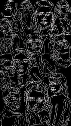 a black and white drawing of people with their faces drawn in different lines on a black background