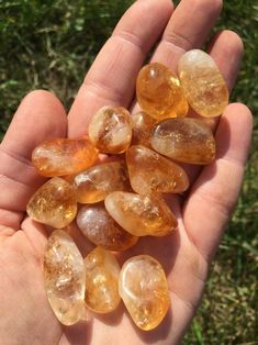 a person is holding some yellow citrine in their hand on the grass outside