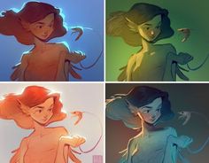 four different colored images of women with hair blowing in the wind, and one holding a bird