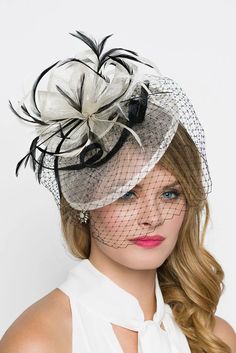 This beautiful two-tone fascinator will turn heads! Its round base is embellished with soft french netting and ribbon around the hair accessory's centerpiece. Black Birdcage Veils, Ivory Fascinator, Derby Outfits, Colorful Hat, Derby Fascinator, Black Fascinator, Hat Headband, Birdcage Veil, Elegant Hats