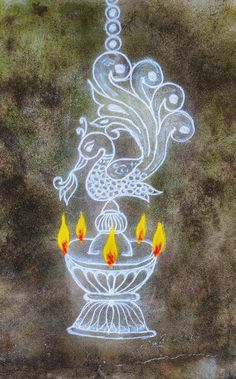 a drawing of a bird on a bowl with candles in the bottom and yellow flames around it