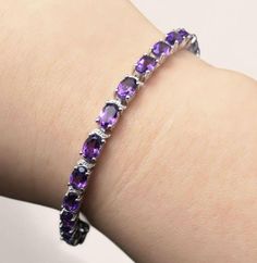 💜 Amethyst Bracelet - 925 Sterling Silver, 24pcs Natural Amethyst Gemstones, Elegant Handmade Bracelet for Women, Perfect Christmas & Mother's Day Gift ✨ Features: Gemstone Used: Natural Amethyst Main Stone Size: 4mm x 6mm Bracelet diameter: 0.43 cm Total Stone Count: 24 pieces Total Stone Weight: Approx. 12 Carats Metal Used: Solid 925 Sterling Silver Metal Color: White Silver Plating Silver Weight: Approx. 11.5 grams Bracelet Type: Chain & Link Bracelet Length: Total Length Approx. 22cm (incl Africa Style, Pattern Bracelet, Bracelet Tennis, Gift Valentine, Elegant Bracelet, Birthstone Bracelets, Amethyst Bracelet, February Birth Stone, Handmade Bracelet