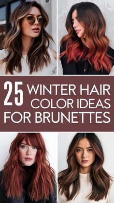 Winter hair color ideas for brunettes in winter 2024 include dark shades with hints of blonde or red balayage. Great for shoulder-length or short styles, these colors work well with straight or wavy hair. Women with medium-length cuts can add curtain bangs for a chic finish, and pale skin tones complement these warm hues, offering a cozy yet elegant look for the season