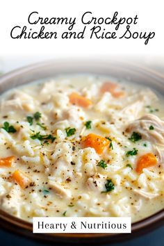 creamy crockpot chicken and rice soup in a bowl