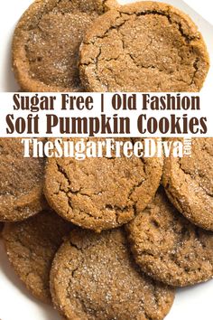 sugar free, old fashion soft pumpkin cookies on a white plate with text overlay