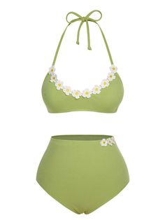 Cottage Core Swimsuit, Ocean Themed Clothes, Light Green Clothes, Cute Bathing Suits Bikinis, 60s Beach Aesthetic, Swimsuits Shein, Hippie Swimsuit, Strawberry Swimsuit, Knit Daisy