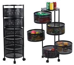 three black mesh baskets on wheels with food and drinks in them, all stacked up