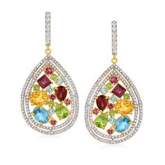 Ross-Simons - 13.90ct t. w. Multi-Gemstone Drop Earrings in 18kt Gold Over. Confetti-colored gems are a gorgeous look! These elegant teardrop earrings shimmer with bright bevies of 11.40 ct. tot. gem wt. multi-shaped Swiss blue topaz, citrine, rhodolite garnet, peridot, chrome diopside and garnet inside double borders of 2.50 ct. t. w. white zircon rounds in white rhodium. Set in polished 18kt yellow gold over sterling silver. Hanging length is 2 1/8". Hinged post, multi-gemstone drop earrings. Formal Multi-stone Fine Jewelry Earrings, Formal Multi-stone Drop Earrings, Formal Yellow Gold Multi-stone Earrings, Elegant Multicolor Earrings For Formal Occasions, Formal Multi-stone Teardrop Earrings, Formal Teardrop Multi-stone Earrings, Yellow Gold Multi-stone Earrings In Cubic Zirconia, Multicolor Diamond Gemstone Earrings, Yellow Gold Cubic Zirconia Multi-stone Earrings