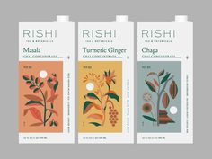 three different packaging designs for teas and coffee drinks, each with an image of flowers