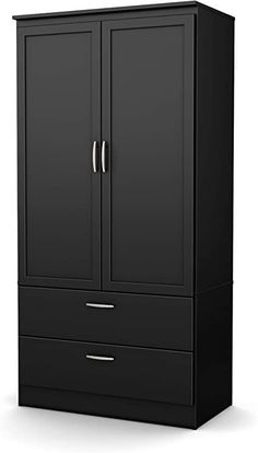 a black armoire with two doors and one drawer on the bottom, against a white background