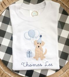 Available in short sleeves and long sleeves Shirt, bubble, and romper options. There is a girl version of the design. Let me know in the note to seller section at checkout the name you'd like added to the design and if there are any color changes to thread and fabric Birthday Puppy, Baby Puppy, Mickey Silhouette, Is A Girl, Monogram Shirts, Applique Shirts, Baby Puppies, Clothing Sets, Custom Baby