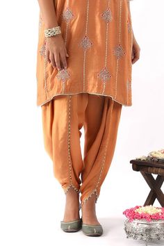 Buy Orange Chanderi Silk Embroidery Floral Round Neck Kurta Dhoti Pant Set For Women by Nemaani Online at Aza Fashions. Dhoti Pants, Straight Kurta, Embroidery Floral, Silk Embroidery, Fashion App, Pant Set, Set For Women, Aza Fashion, Floral Embroidery