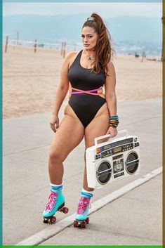 Ashley-Graham-Swimsuits-For-All-Resort-2019-Campaign17 Ashley Graham Style, Retro Swimsuit, Plus Size One Piece, Ashley Graham, Swimsuits For All, Roller Skates, Black Swimsuit, Monokini, Bathing Suit