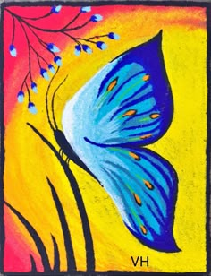 a blue butterfly sitting on top of a yellow and red background with flowers in the foreground