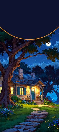 a painting of a house in the woods at night