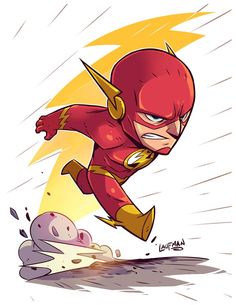 the flash is running with his head down and one foot in the air, as if he