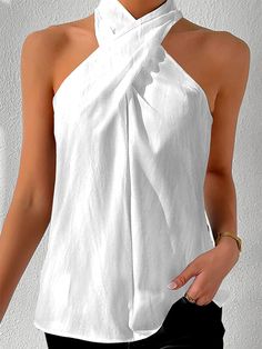 White Casual Solid Summer Sleeveless Tank Summer Tops Pattern, Sleeveless Tops Summer, Halter Tank Top, Halter Tank, Halter Tops, Blouse Diy, Fashion Blouse Design, Plus Size Kleidung, Vestido Casual