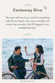 a man and woman standing next to each other on a beach with the caption castaway diya