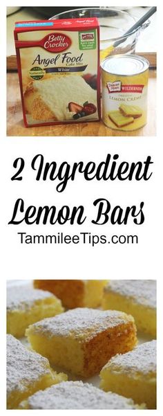 lemon bars with powdered sugar on top and two ingredients in the background to make them