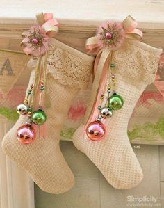 stockings with christmas ornaments hanging from them and the words stocking stuffers on it