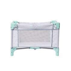 a blue and white baby crib on a white background