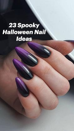 Halloween Nails Dip Powder Ombre, Twilight Zone Nails, Purple And Black Nails Ideas, Maleficent Nails Designs, Black And Purple Ombre Nails, Halloween Nails Dip, Halloween Ombre Nails, Black And Purple Halloween Nails, Maleficent Nail Art