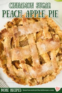 a close up of a pie on a plate with the words cinnamon sugar peach apple pie