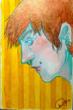 a drawing of a young man with red hair and blue eyes looking to his left